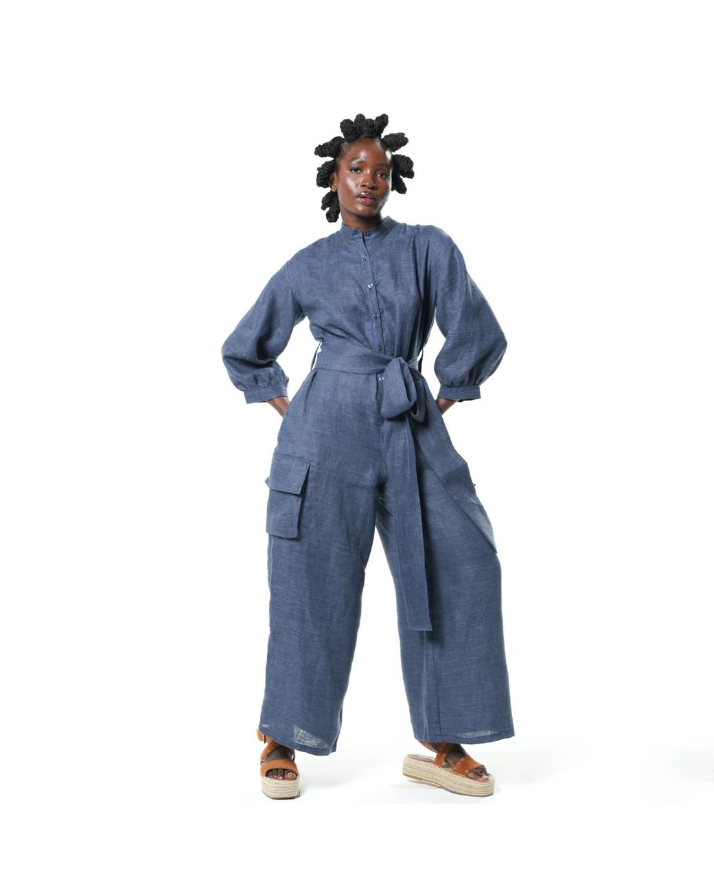 Metamorph Blue Wide-Leg Linen Jumpsuit