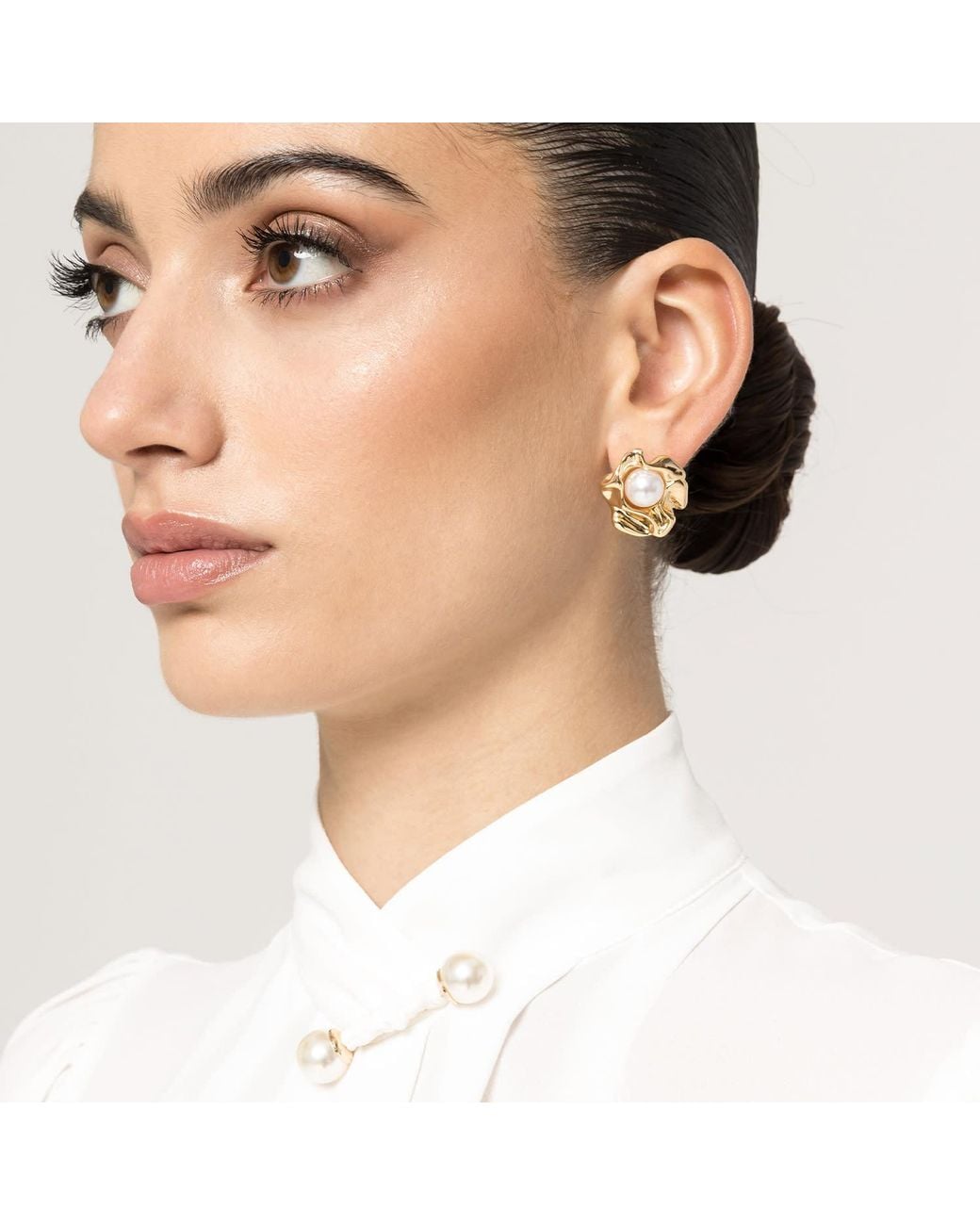 Nissa White Pearl-Detail Chiffon Top