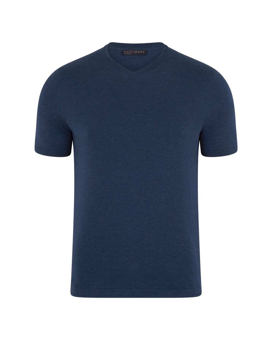 Paul James Knitwear Blue Ultra Fine Cotton Hudson High V Neck Knitted T-Shirt for men