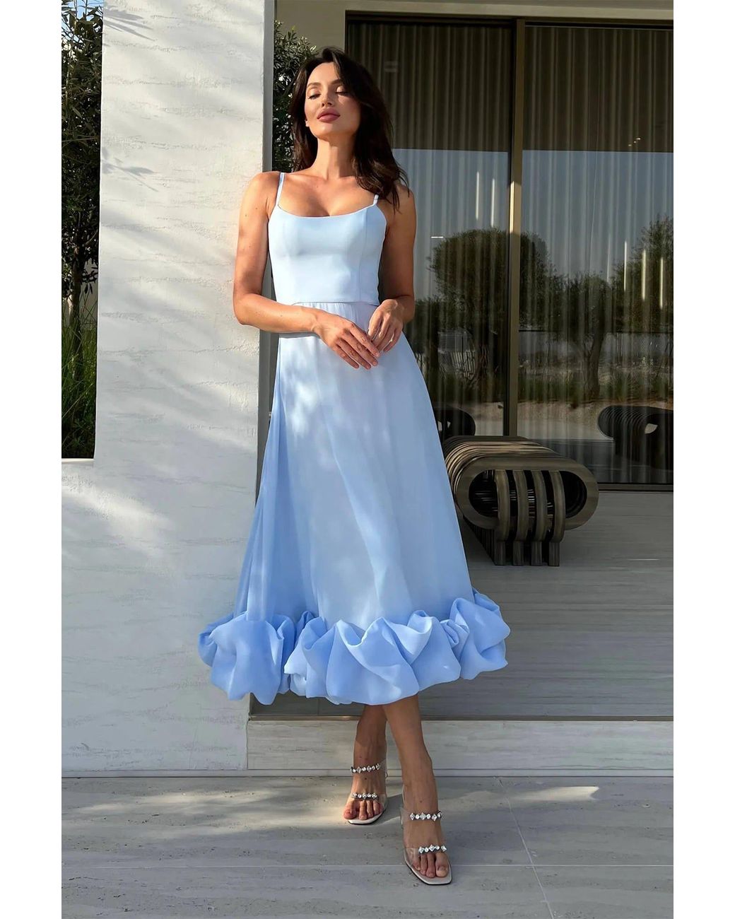 POST MERIDIEM Blue Flounce Bustier Midi Dress
