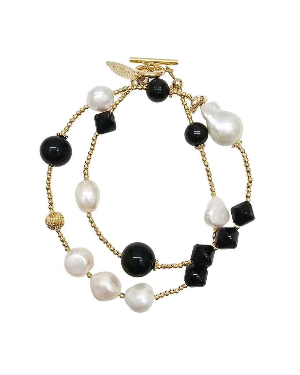 Farra Metallic Obsidian And Pearls Double Layers Bracelet Or Choker