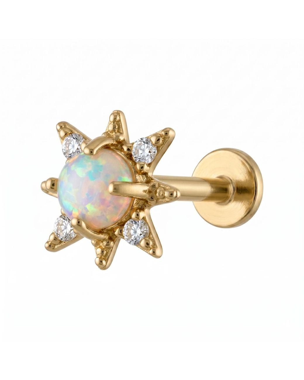 Zahav Jewelry Metallic 14K Solid 18G 8Mm Star Opal & Round Cz Internally Threaded Flat Back Stud