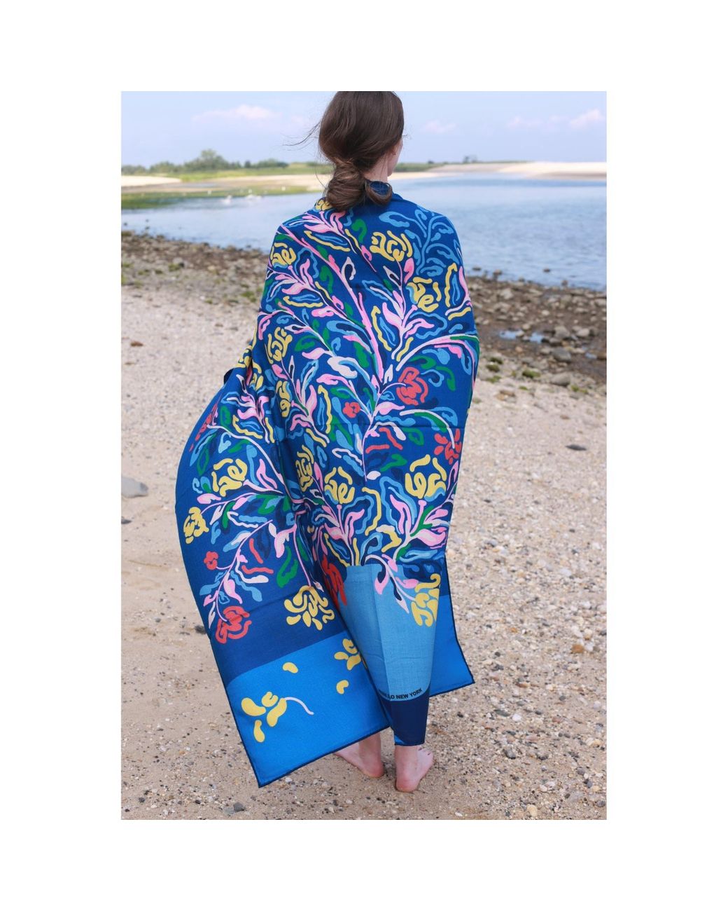 Jessie Zhao New York Blue Double Sided Wool Silk Shawl Of Night Flowers