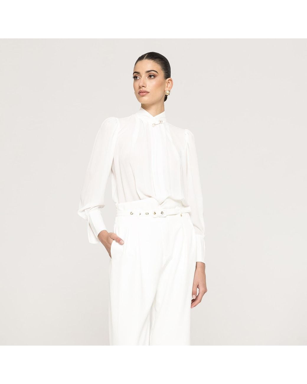 Nissa White Pearl-Detail Chiffon Top