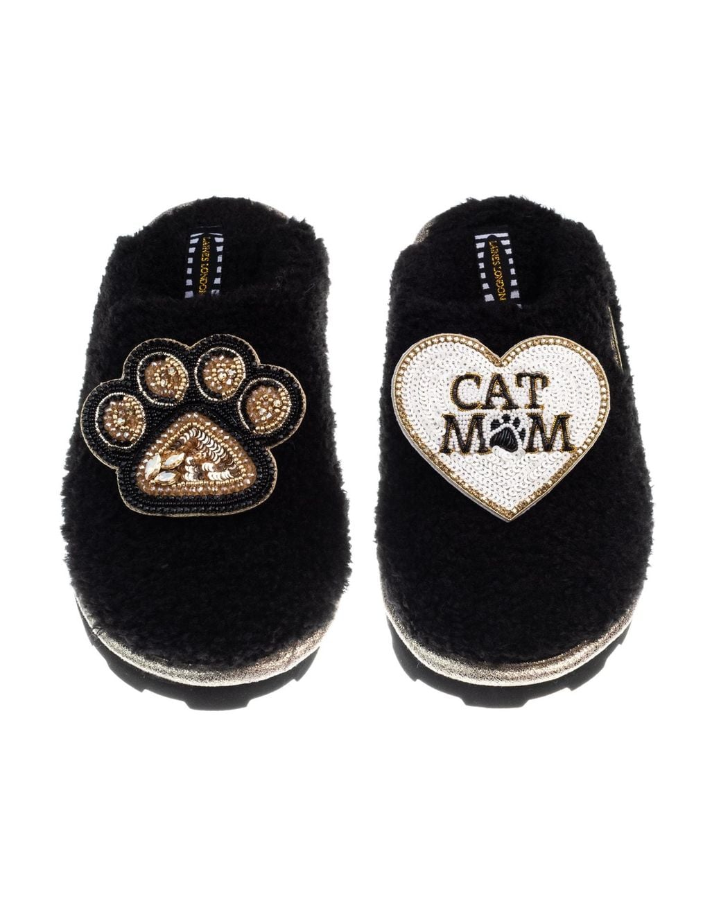 Laines London Black Teddy Closed Toe Slippers With Paw & Cat Mum Mom Brooches
