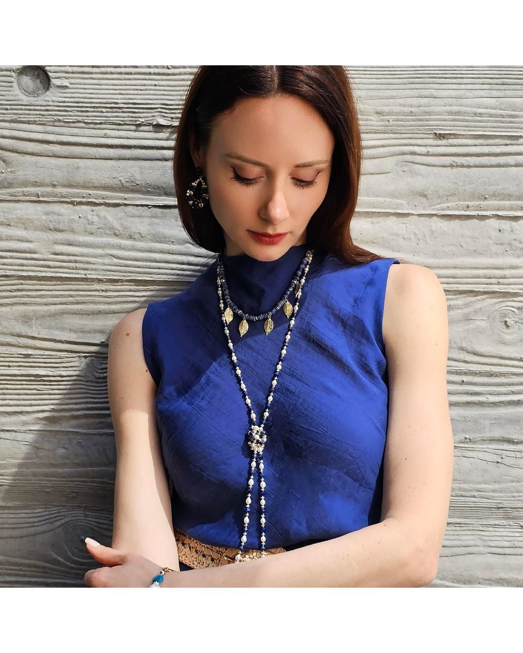 Farra Metallic Pearls And Lapis Versatile Long Necklace