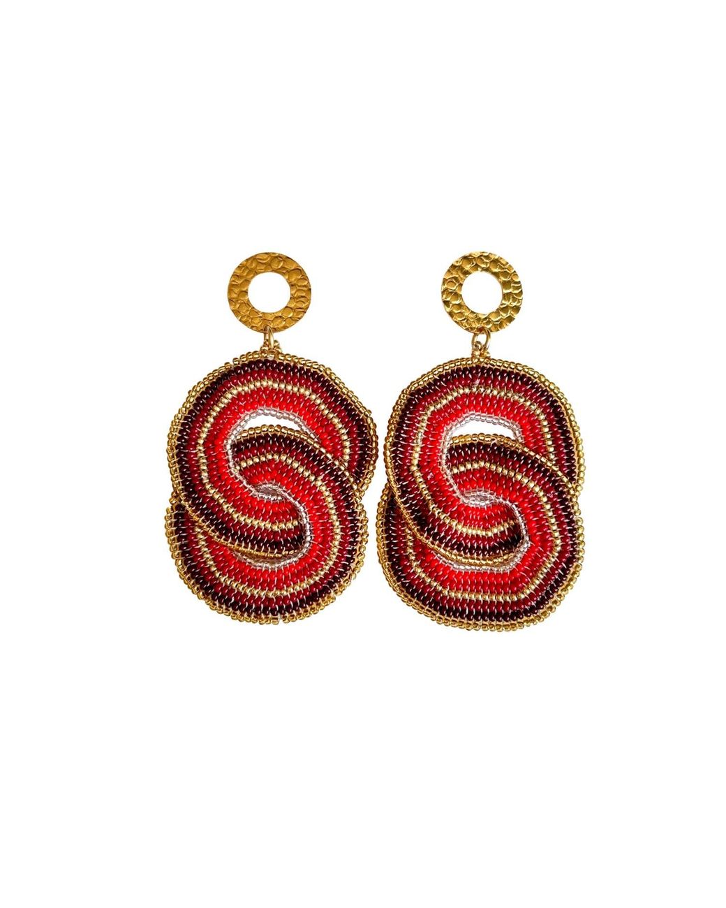 Iliana Arrazola Red Crisscrossed Circle, Dangle Earrings, Glass Beads, Beaded Jewelry