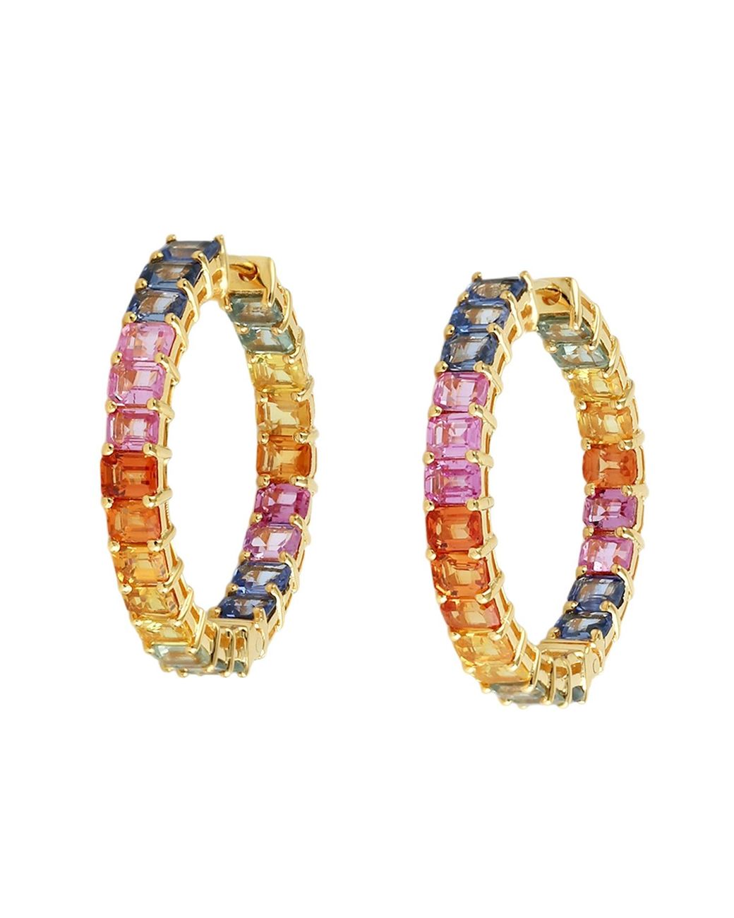 Artisan Metallic Multi Color Sapphire Gemstone Hoop Earrings