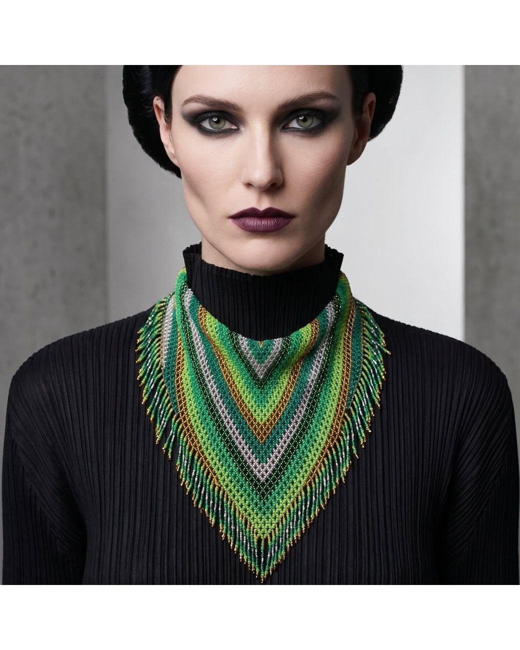 Iliana Arrazola Green Scarf Fringe Necklace, Glass Beads, Beaded Jewelry