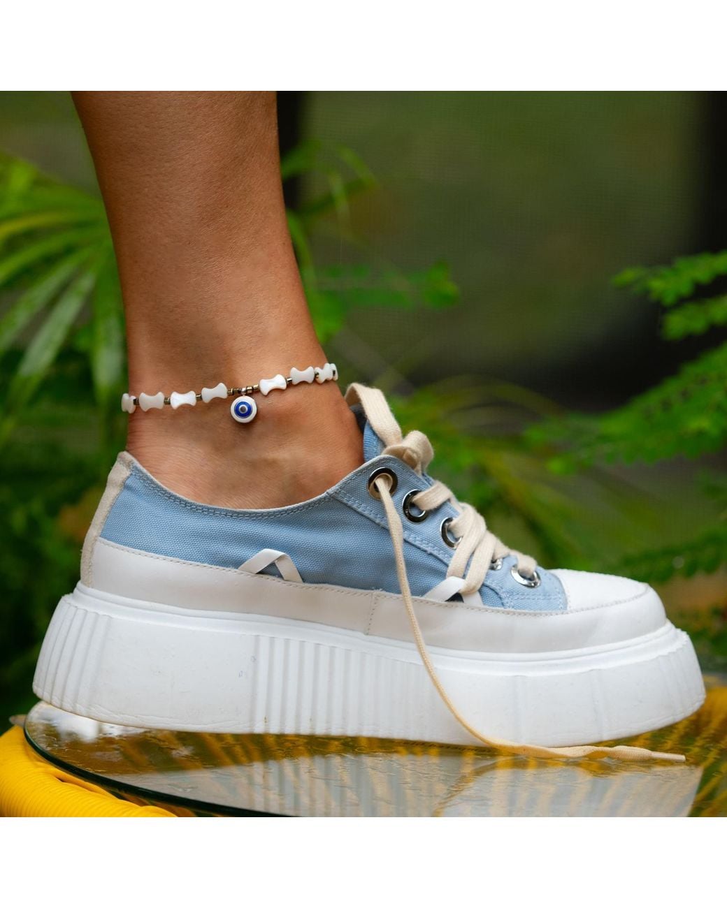 Ebru Jewelry Metallic Pearl Evil Eye Beaded Anklet