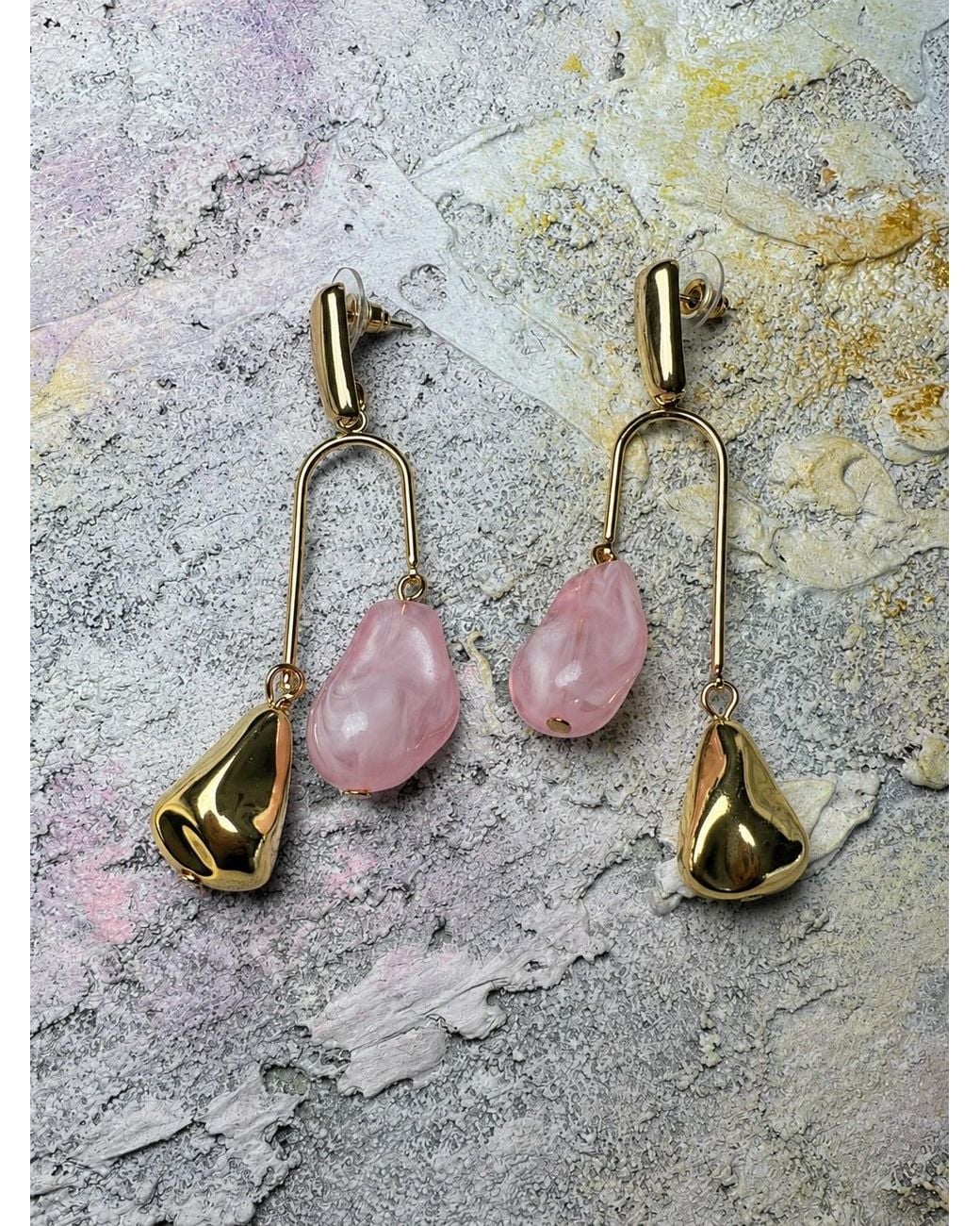 By Ozge Pink Modern Summer Plated & Marble Drop Earrings