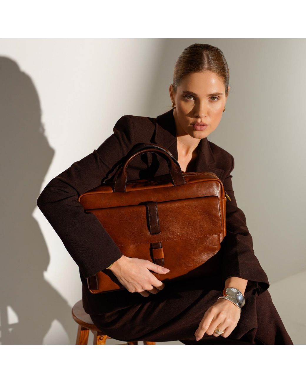 Time Resistance Brown Large Leather Briefcase Laptop Bag for men
