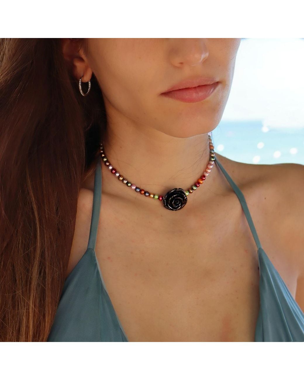 Mineralgems•Studio Black Multicolour Pearl Choker With Rose