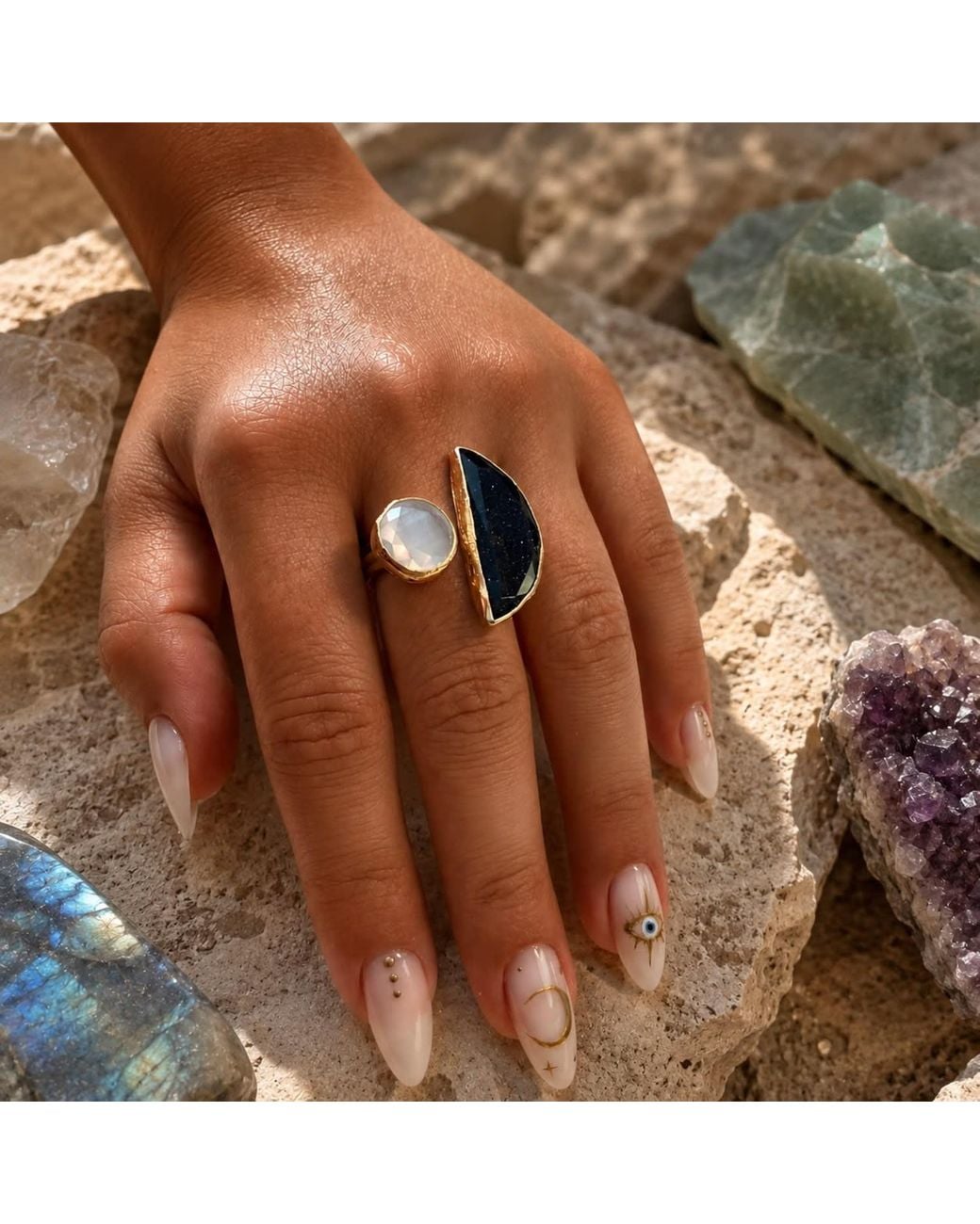 By Ozge Blue Moonlit Eclipse Goldstone & Moonstone Plated Adjustable Ring