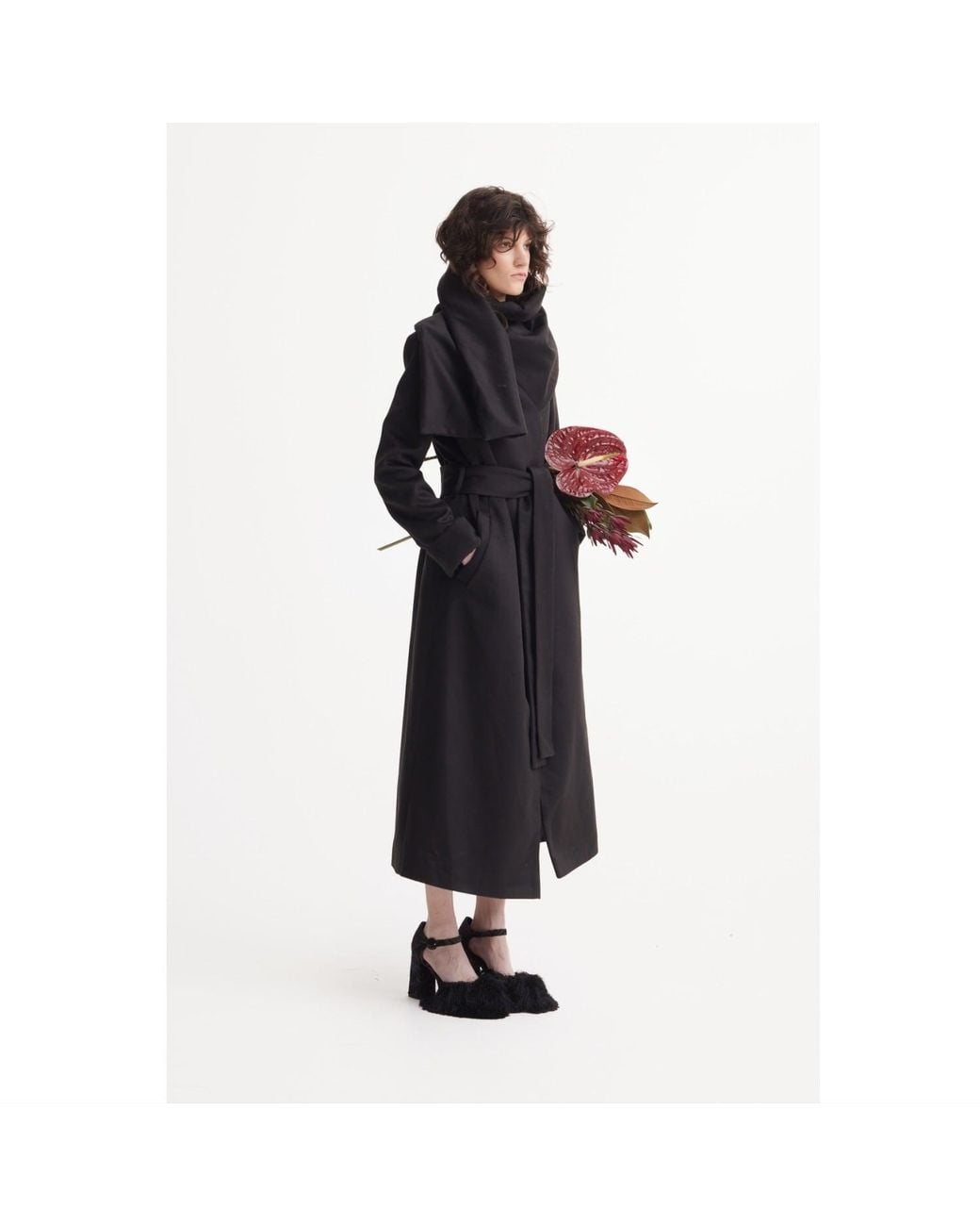 Julia Allert Black Long Wrap Coat With Drape Collar