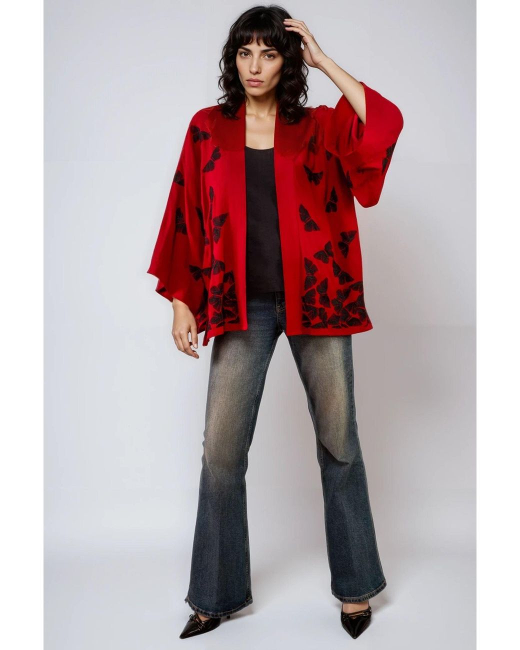 Artemis Muse Embroidered Butterflies Wine Short Kimono