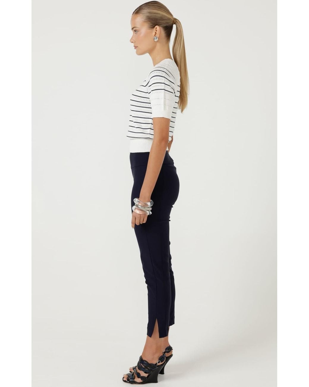 SACHA DRAKE White Eyelet Stripe Knit Top