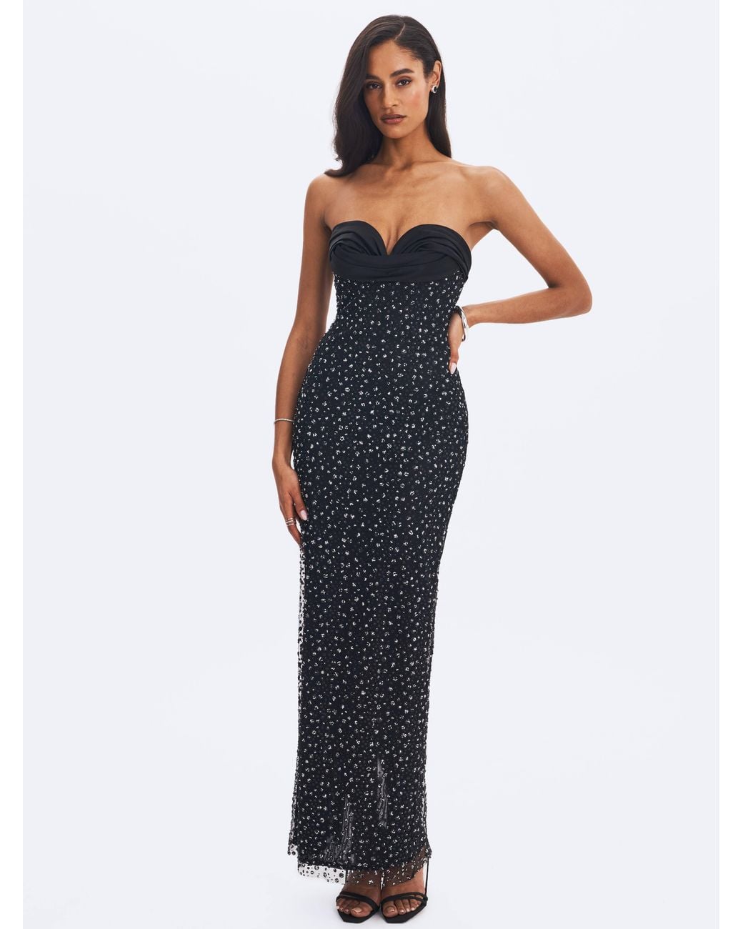 Miss Circle New York Black Preslie Satin & Crystal Mesh Sheath Maxi Dress
