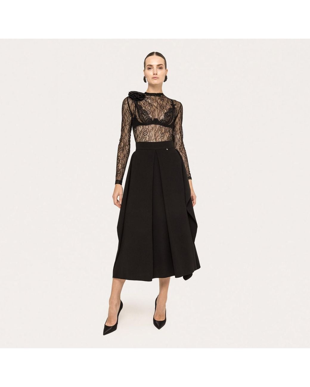 Nissa Black High-Waisted Midi Skirt