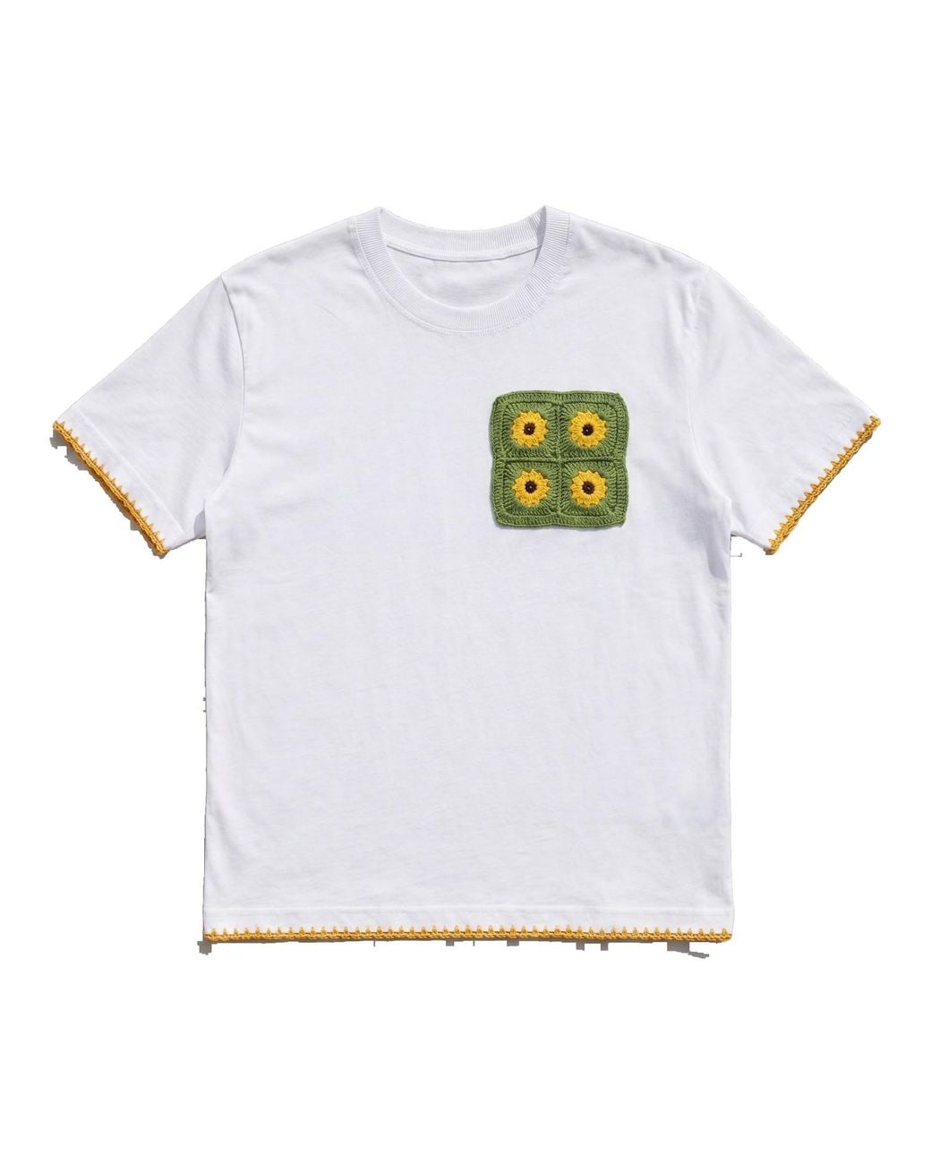 Ana Chic White Sunflower Patch Handmade Crochet Applique Cotton Tee