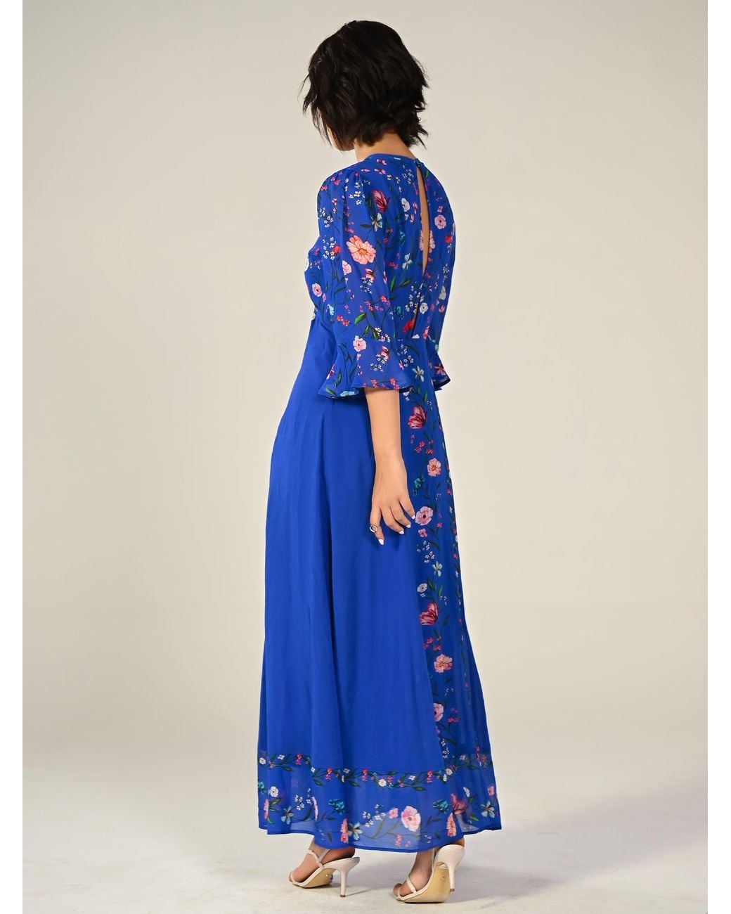 Rose & Nancy Blue Tory Botanical Floral Border Print Maxi Dress