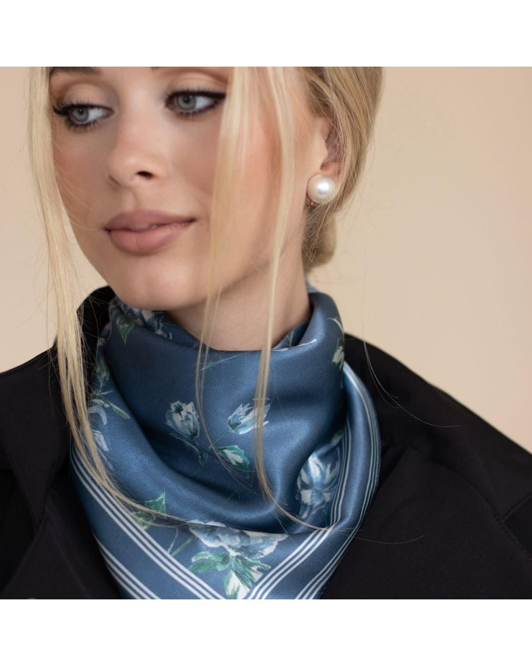 RainSisters Blue Small Floral Print Natural Silk Scarf