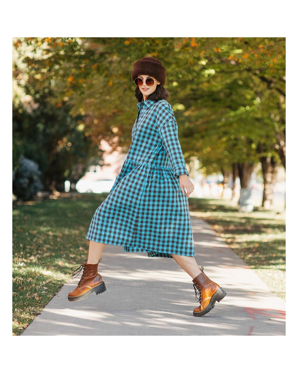Zenzee Blue Cotton Linen Gingham Shirt Dress