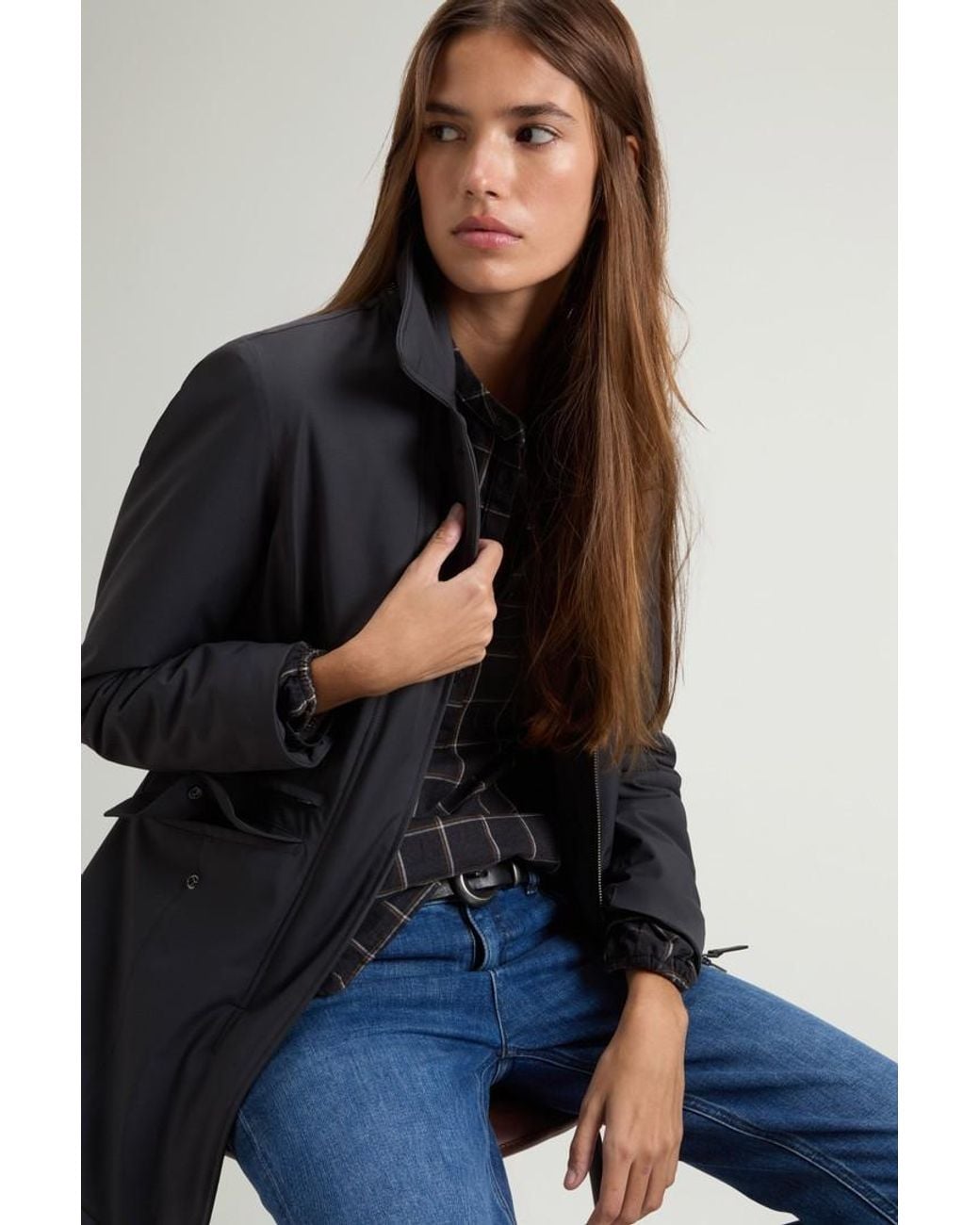 Abrigo De Light Stretch Con Capucha Extraíble Para Mujer Talla Woolrich de color Blue
