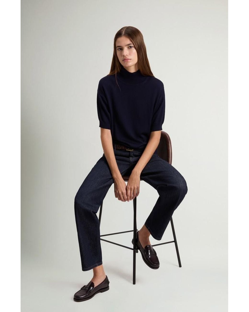 Camiseta De Punto De Pura Lana Virgen Merina Con Cuello Alto Para Mujer Talla Woolrich de color Blue