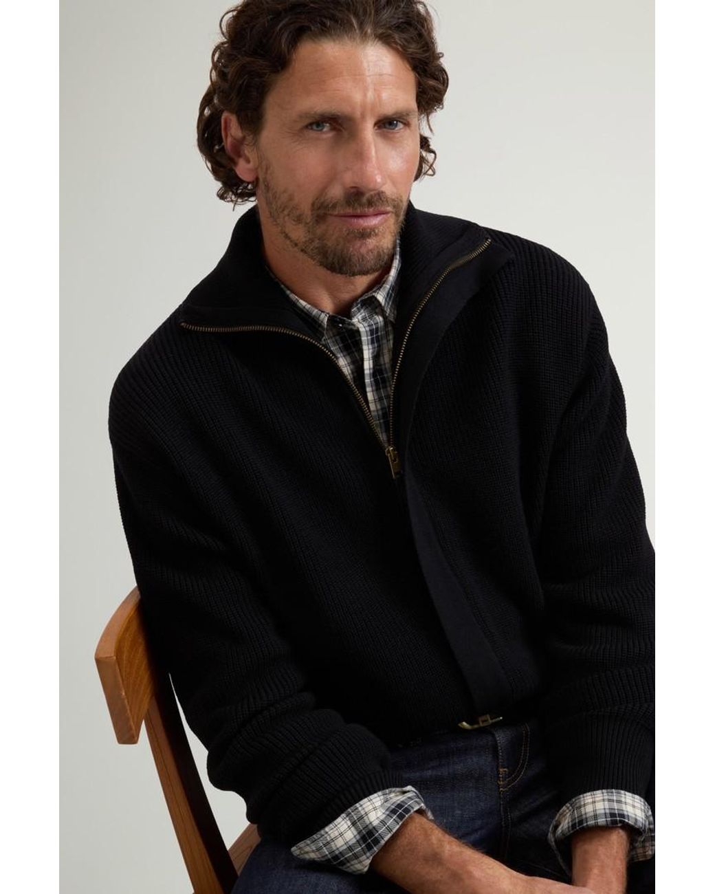 Cárdigan De Pura Lana Virgen Merina Con Cremallera Completa Y Cuello Alto Para Hombre Talla Woolrich de hombre de color Black