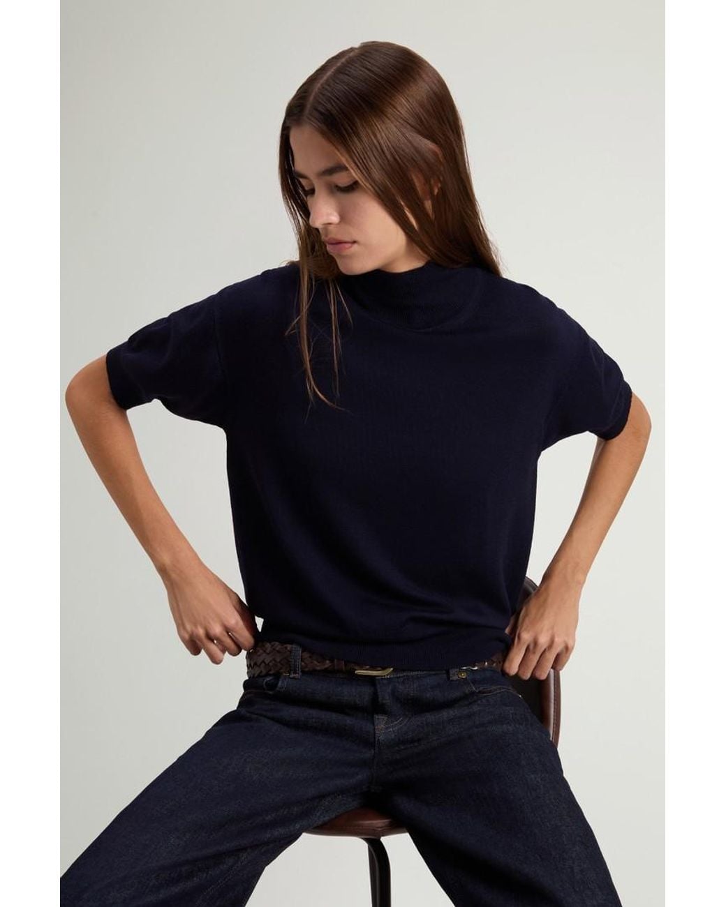Camiseta De Punto De Pura Lana Virgen Merina Con Cuello Alto Para Mujer Talla Woolrich de color Blue