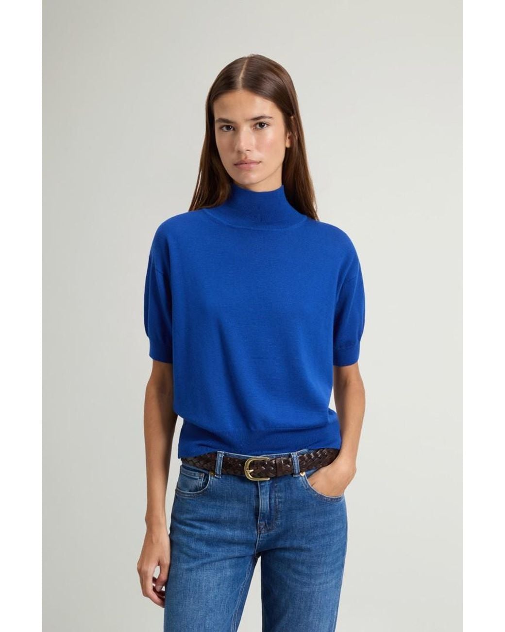 Camiseta De Punto De Pura Lana Virgen Merina Con Cuello Alto Para Mujer Talla Woolrich de color Blue