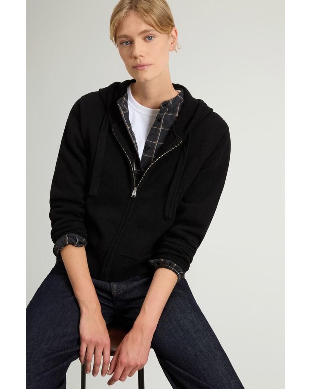 Jersey Con Cremallera Completa Y Capucha De Mezcla De Lana Y Cachemira Para Mujer Talla Woolrich de color Black