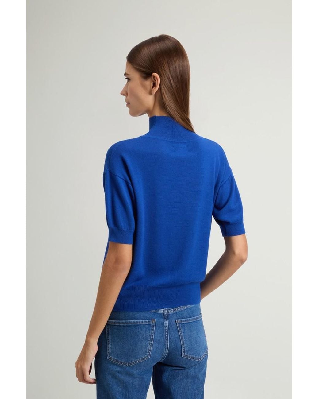 Camiseta De Punto De Pura Lana Virgen Merina Con Cuello Alto Para Mujer Talla Woolrich de color Blue