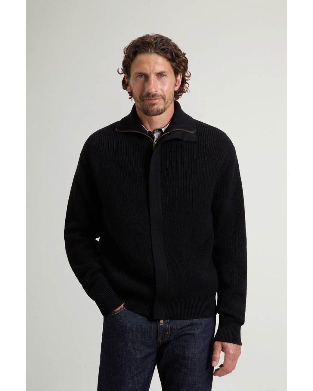 Cárdigan De Pura Lana Virgen Merina Con Cremallera Completa Y Cuello Alto Para Hombre Talla Woolrich de hombre de color Black
