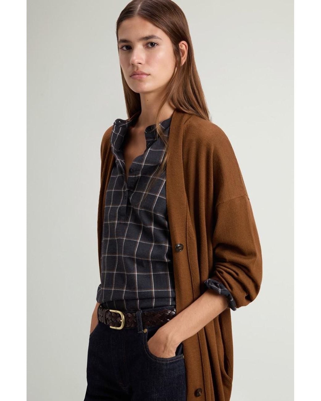 Cárdigan Largo De Pura Lana Virgen Merina Para Mujer Talla Woolrich de color Brown