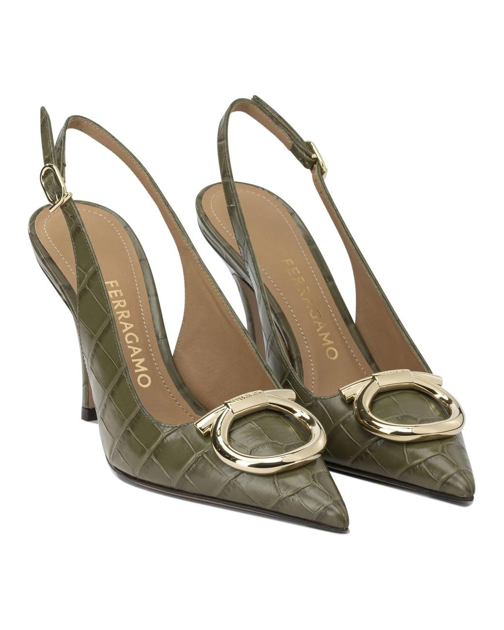 Ferragamo Metallic "Sara Croc 65Mm" Slingback
