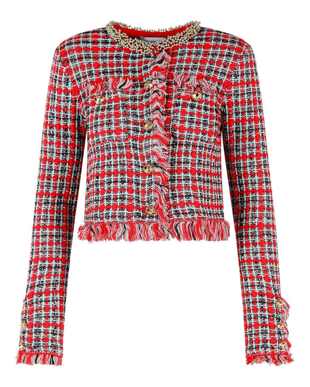 Self-Portrait Red Plaid Frayed-Trim Cotton-Blend Blazer