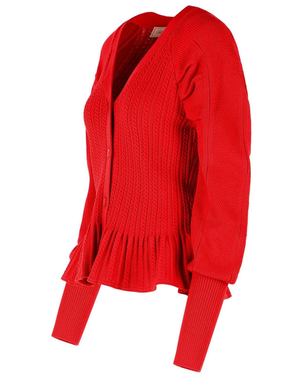 Blumarine Red Ribbed Ruffle-Hem Knit Cardigan