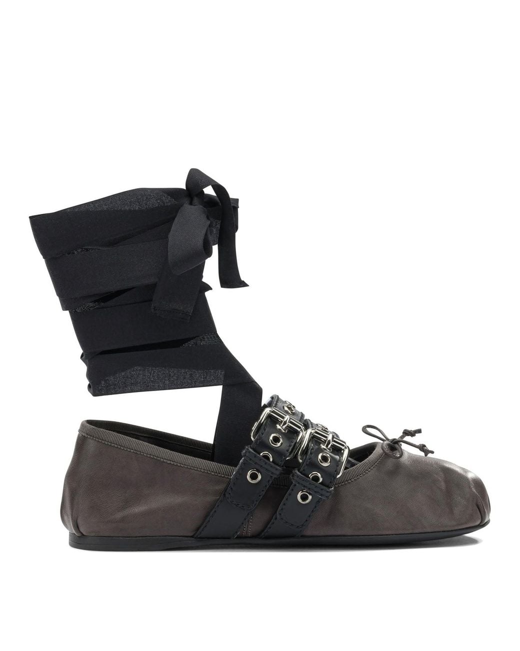 Miu Miu Black Leather Ballets Flat With Ribbon