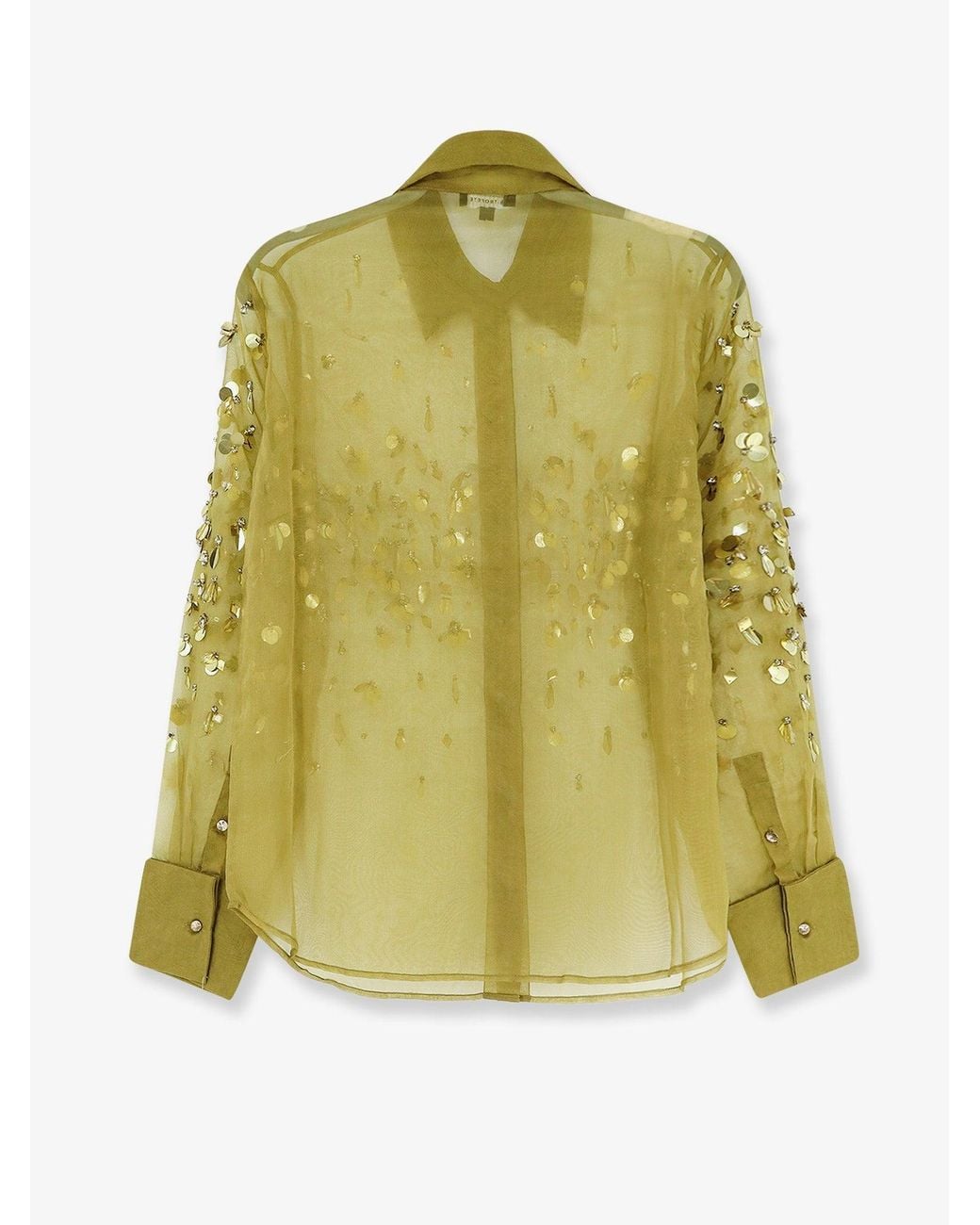 retroféte Green Voile Shirt With Sequins And Rhinestones