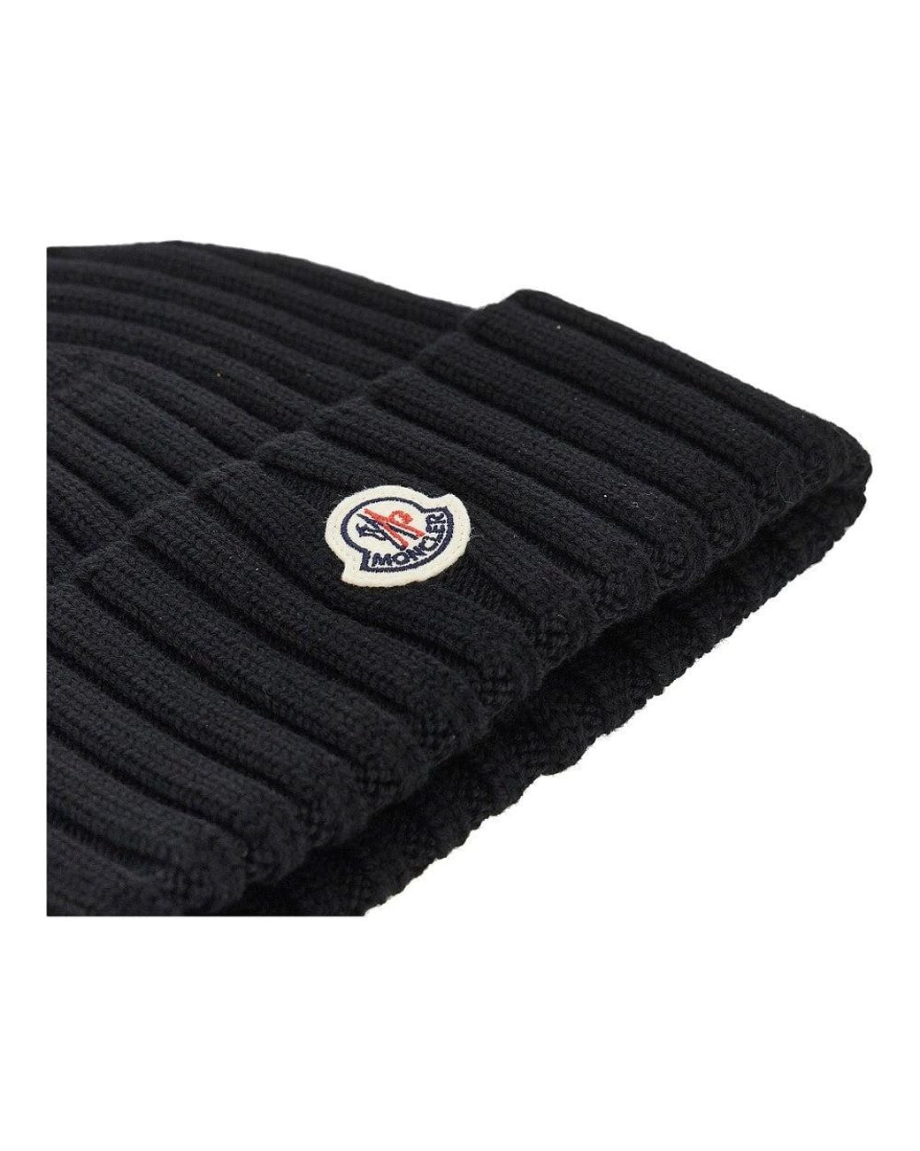 Moncler Black Wool Beanie Hat With Logo Patch