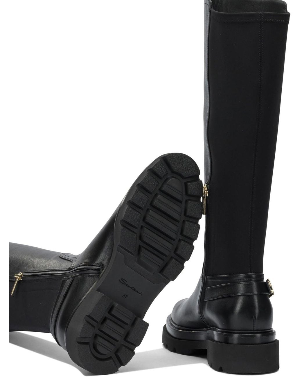 Santoni Black Leather Knee-High Boots