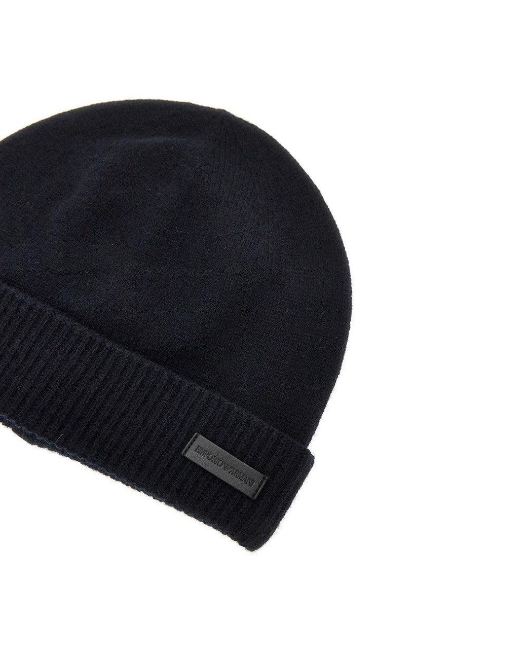Emporio Armani Black Cashmere Beanie Hat With Leather Logo Patch for men