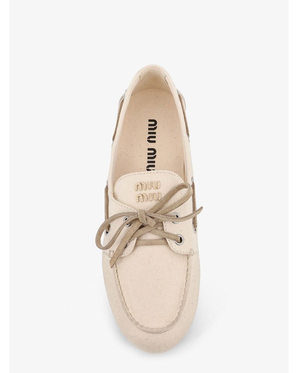 Miu Miu Natural Fabric Loafers With Front Lettering Logo