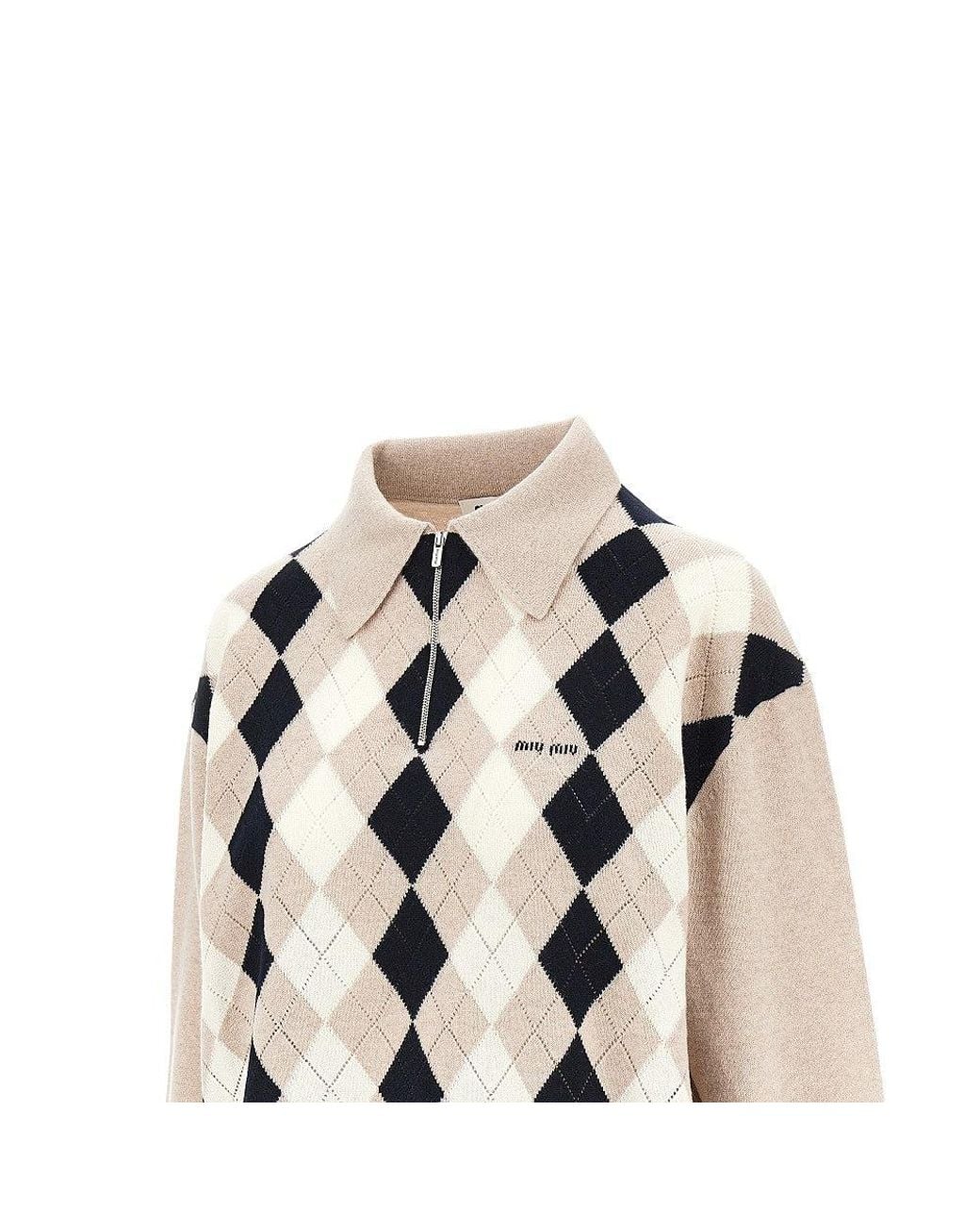 Miu Miu White Argyle Cashmere Polo Sweater