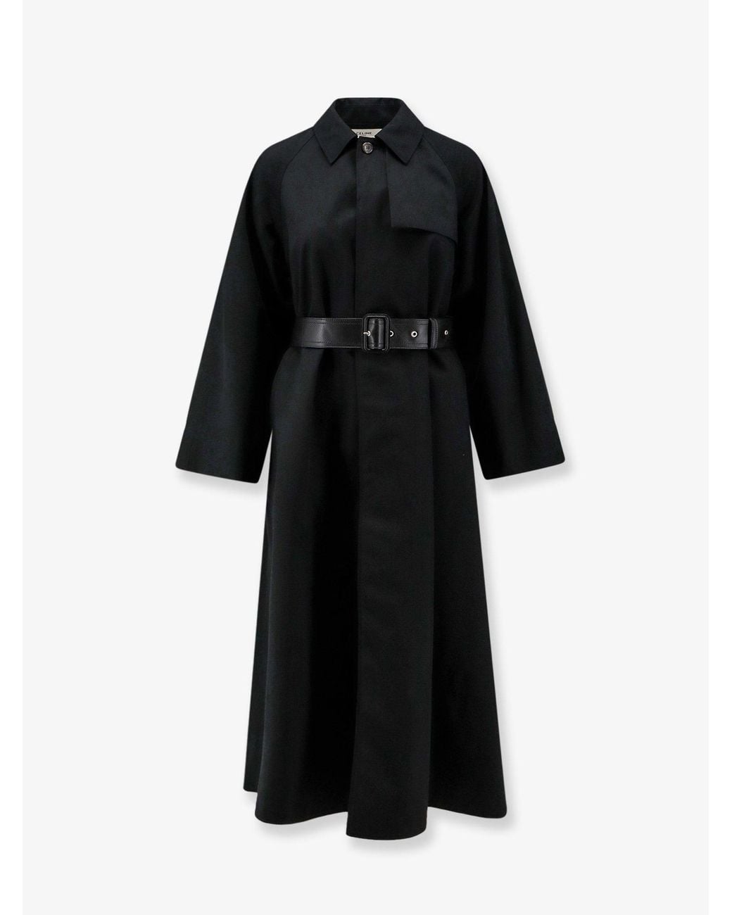 Céline Black Flared Waterproof Coat With Leather Belt