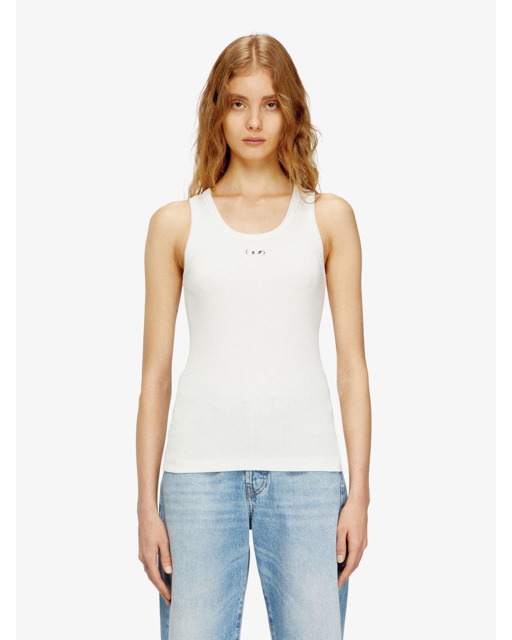 DIESEL White Slim Fit Ribbed Tank Top With Metal Oval D