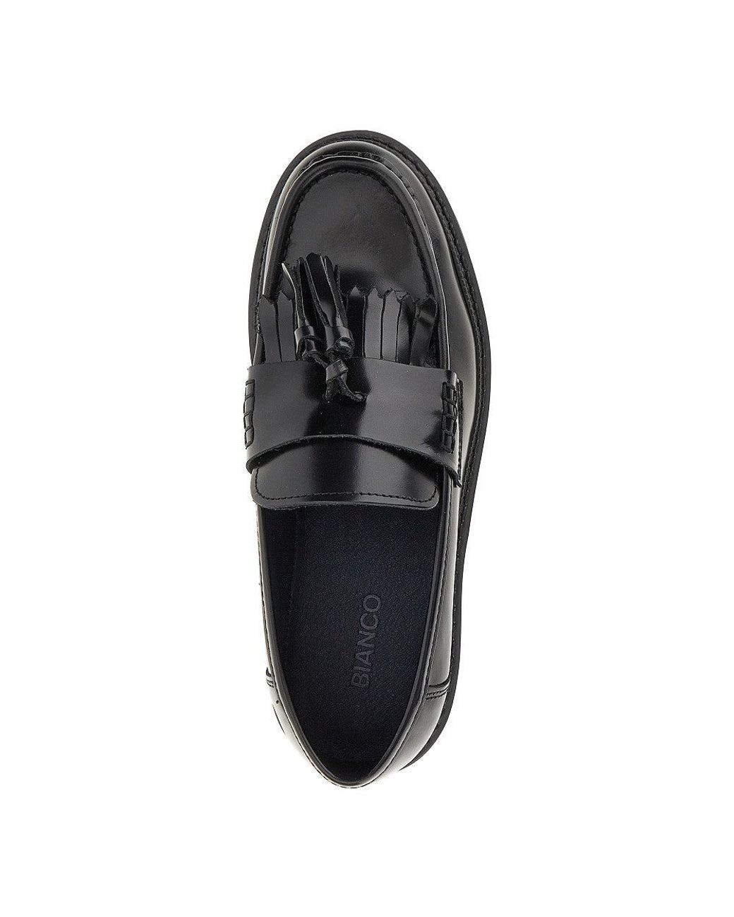 Bianco Black Leather Loafers With Tassels for men
