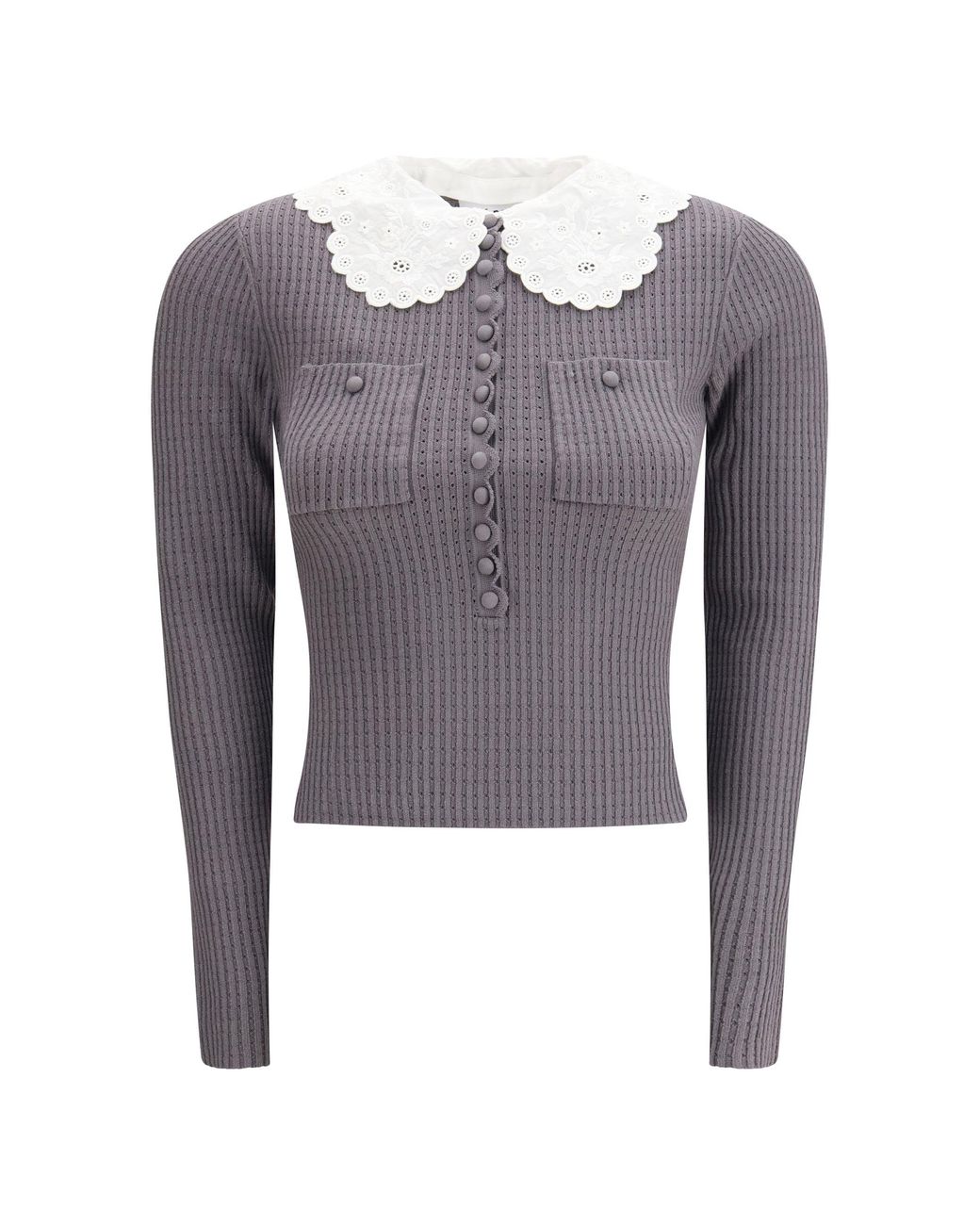 Self-Portrait Blue Knit Top Lace Collar